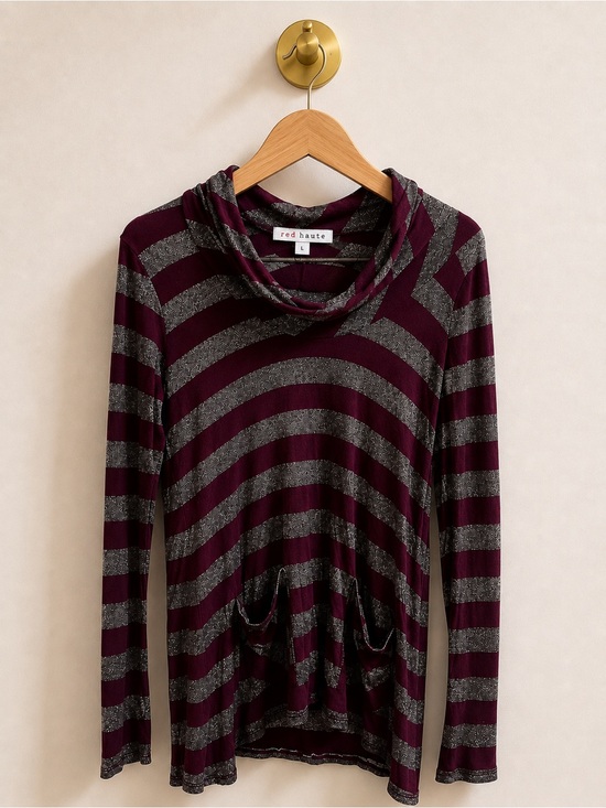 Red haute Tops - Red Haute Burgundy & Silver Striped Cowl Neck Top Size L (retails at 125.00)